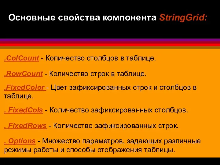 Основные свойства компонента StringGrid: .ColCount - Количество столбцов в таблице. .RowCount