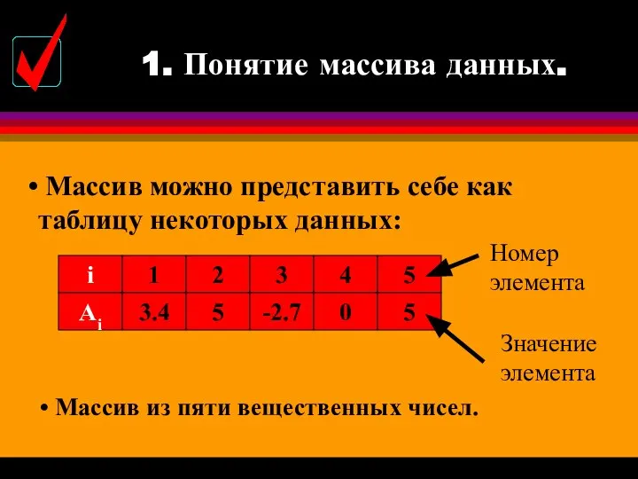 Массив можно представить себе как таблицу некоторых данных: Номер элемента Значение