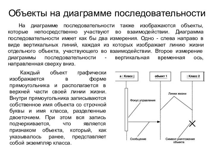 Объекты на диаграмме последовательности На диаграмме последовательности также изображаются объекты, которые