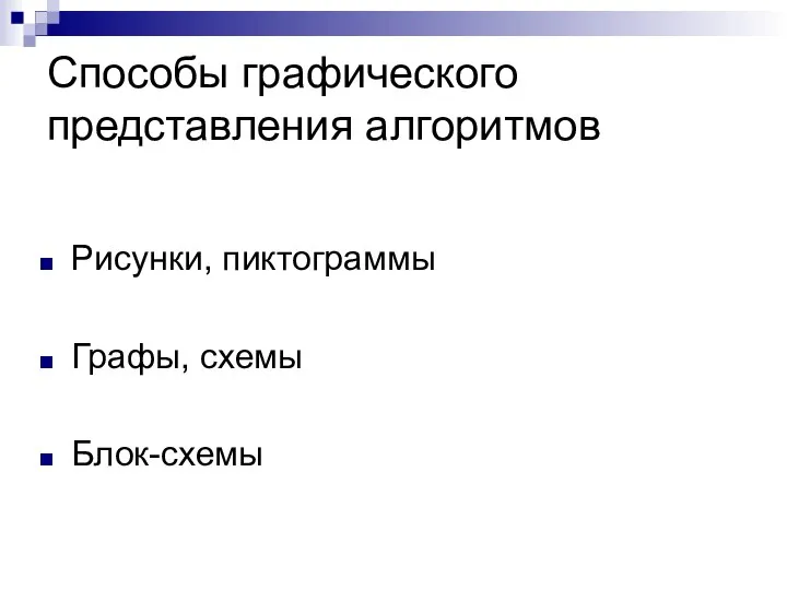 Способы графического представления алгоритмов Рисунки, пиктограммы Графы, схемы Блок-схемы