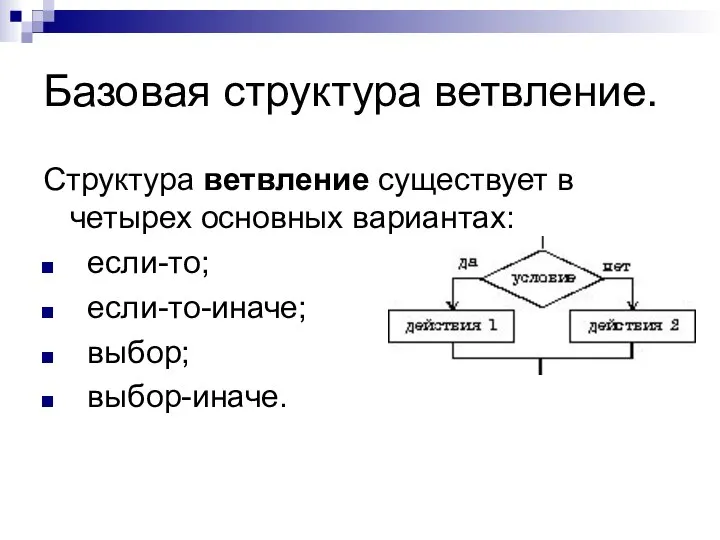 Базовая структура ветвление. Структура ветвление существует в четырех основных вариантах: если-то; если-то-иначе; выбор; выбор-иначе.