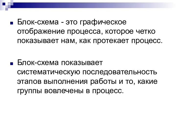 Блок-схема - это графическое отображение процесса, которое четко показывает нам, как