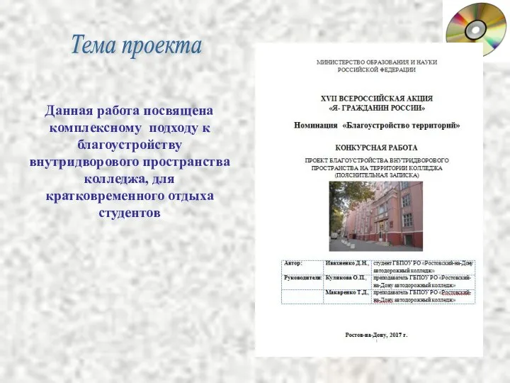 Тема проекта Данная работа посвящена комплексному подходу к благоустройству внутридворового пространства колледжа, для кратковременного отдыха студентов