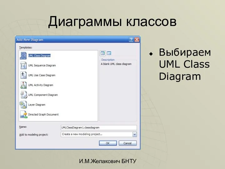 И.М.Желакович БНТУ Диаграммы классов Выбираем UML Class Diagram