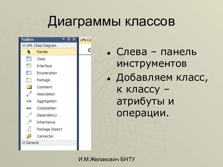 И.М.Желакович БНТУ Диаграммы классов Слева – панель инструментов Добавляем класс, к классу – атрибуты и операции.