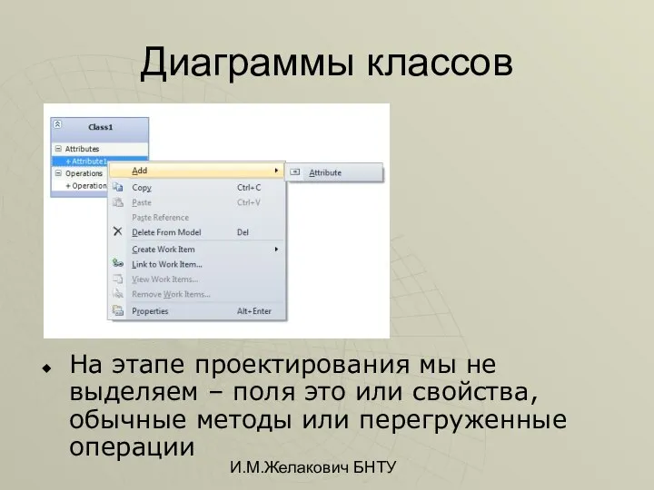 И.М.Желакович БНТУ Диаграммы классов На этапе проектирования мы не выделяем –