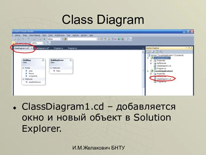 И.М.Желакович БНТУ Class Diagram ClassDiagram1.cd – добавляется окно и новый объект в Solution Explorer.