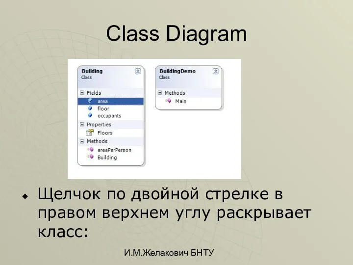 И.М.Желакович БНТУ Class Diagram Щелчок по двойной стрелке в правом верхнем углу раскрывает класс: