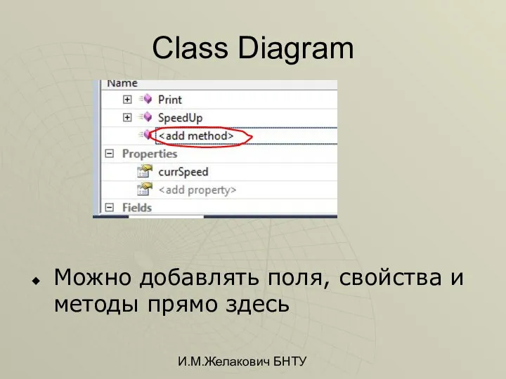 И.М.Желакович БНТУ Class Diagram Можно добавлять поля, свойства и методы прямо здесь