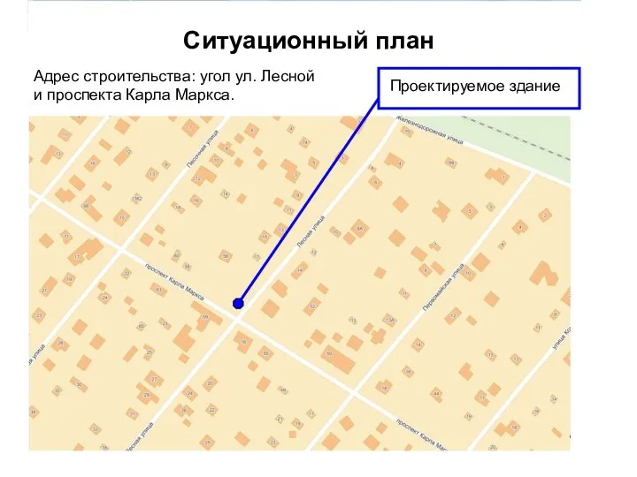 Ситуационный план Адрес строительства: угол ул. Лесной и проспекта Карла Маркса. Проектируемое здание