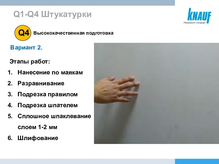 Высококачественная подготовка Q1-Q4 Штукатурки Этапы работ: Нанесение по маякам Разравнивание Подрезка