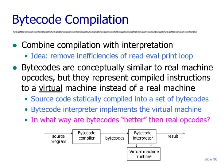 slide Virtual machine runtime Bytecode Compilation Combine compilation with interpretation Idea:
