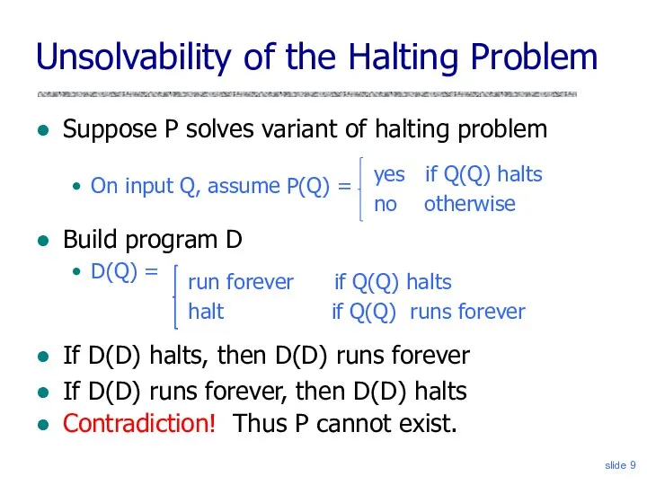 slide Unsolvability of the Halting Problem Suppose P solves variant of