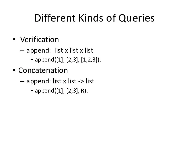 Different Kinds of Queries Verification append: list x list x list
