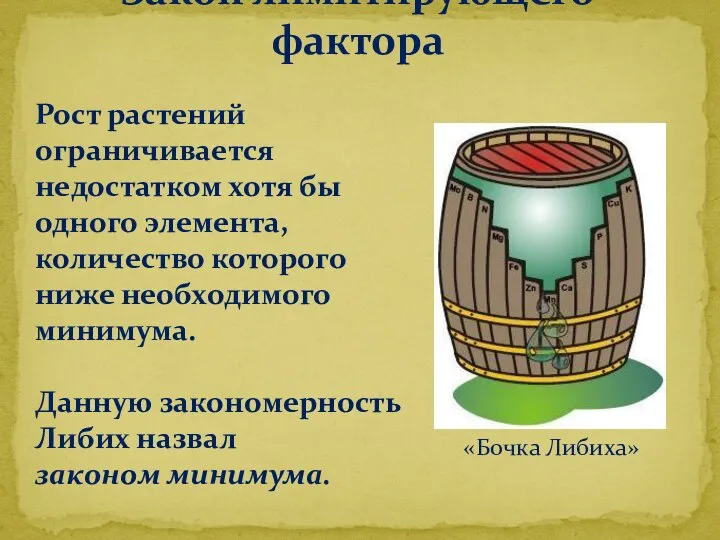 Закон лимитирующего фактора «Бочка Либиха» Рост растений ограничивается недостатком хотя бы