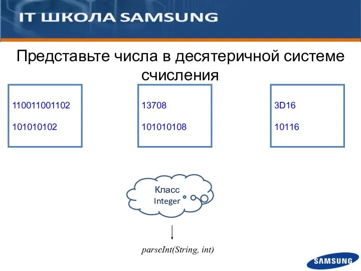 Представьте числа в десятеричной системе счисления 110011001102 101010102 parseInt(String, int) Класс Integer 13708 101010108 3D16 10116