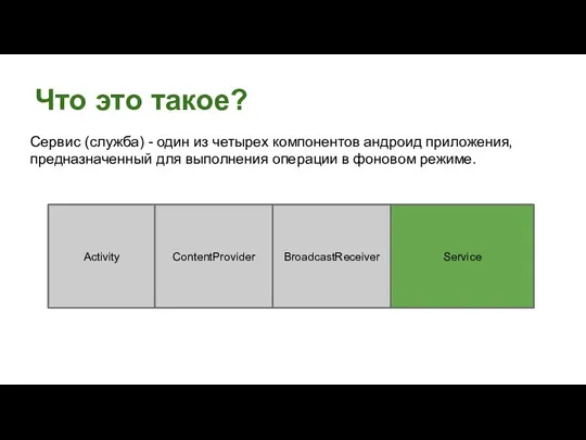 Что это такое? Сервис (служба) - один из четырех компонентов андроид