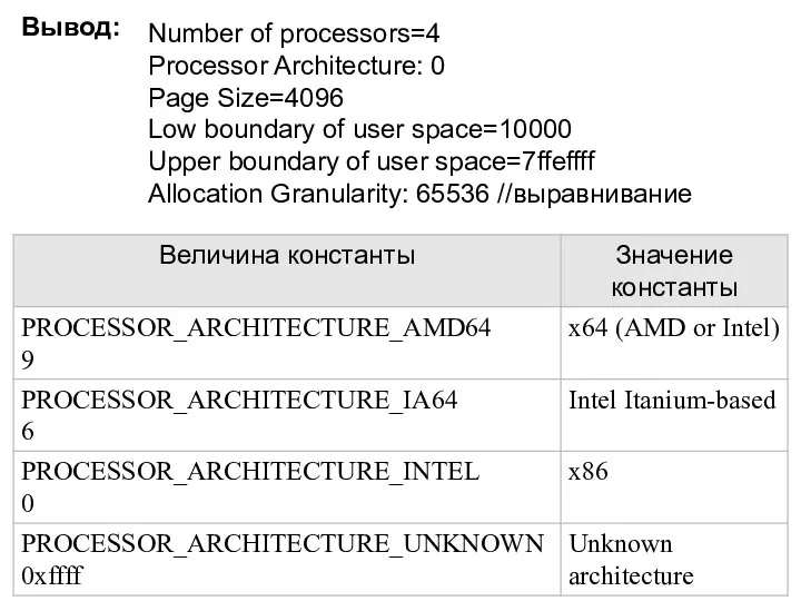 Number of processors=4 Processor Architecture: 0 Page Size=4096 Low boundary of
