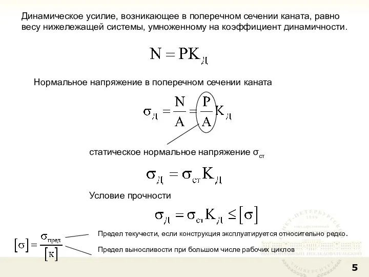 Динамическое усилие, возникающее в поперечном сечении каната, равно весу нижележащей системы,