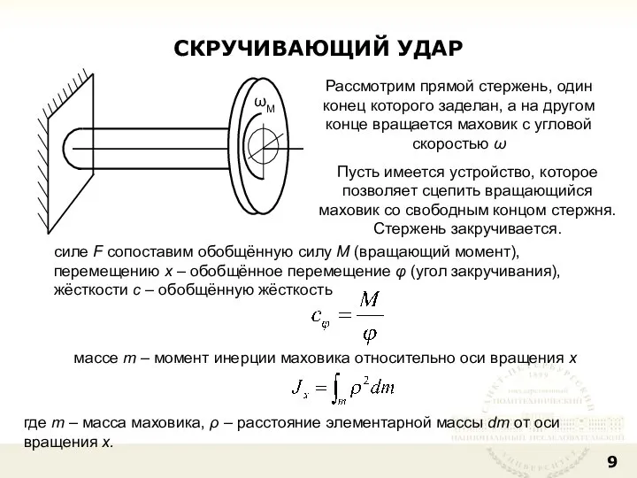 СКРУЧИВАЮЩИЙ УДАР Рассмотрим прямой стержень, один конец которого заделан, а на