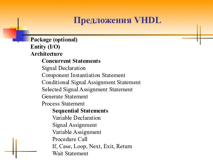 Предложения VHDL Package (optional) Entity (I/O) Architecture Concurrent Statements Signal Declaration