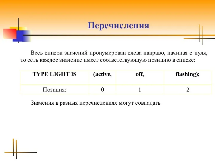 Перечисления Весь список значений пронумерован слева направо, начиная с нуля, то