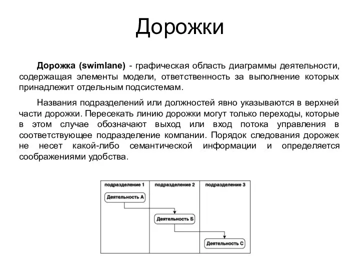 Дорожки Дорожка (swimlane) - графическая область диаграммы деятельности, содержащая элементы модели,