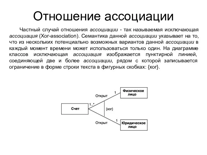 Отношение ассоциации Частный случай отношения ассоциации - так называемая исключающая ассоциация