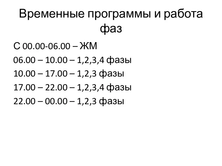 Временные программы и работа фаз С 00.00-06.00 – ЖМ 06.00 –
