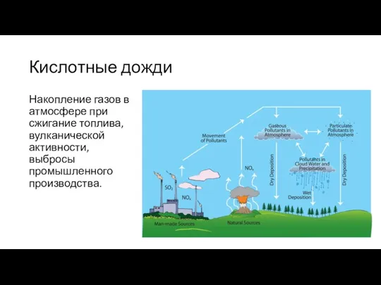 Кислотные дожди Накопление газов в атмосфере при сжигание топлива, вулканической активности, выбросы промышленного производства.