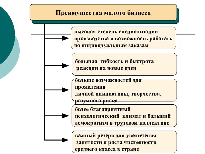 Преимущества малого бизнеса высокая степень специализации производства и возможность работать по