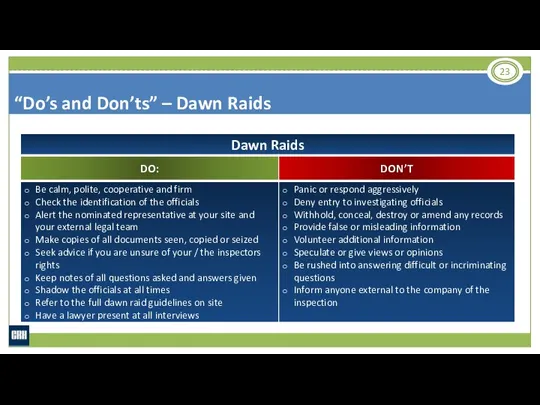 “Do’s and Don’ts” – Dawn Raids