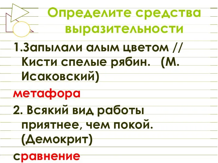 Определите средства выразительности 1.Запылали алым цветом // Кисти спелые рябин. (М.