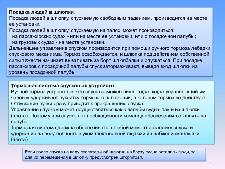 Посадка людей в шлюпки. Посадка людей в шлюпку, спускаемую свободным падением,