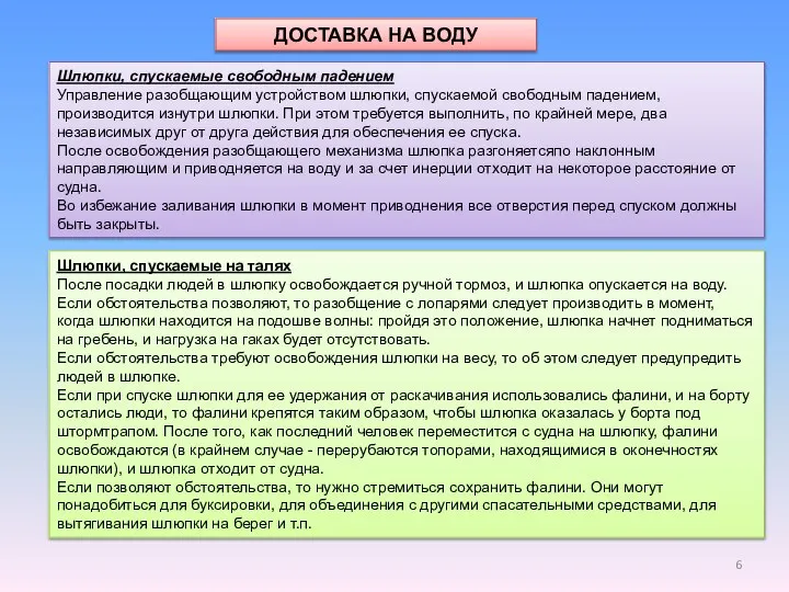 ДОСТАВКА НА ВОДУ Шлюпки, спускаемые свободным падением Управление разобщающим устройством шлюпки,