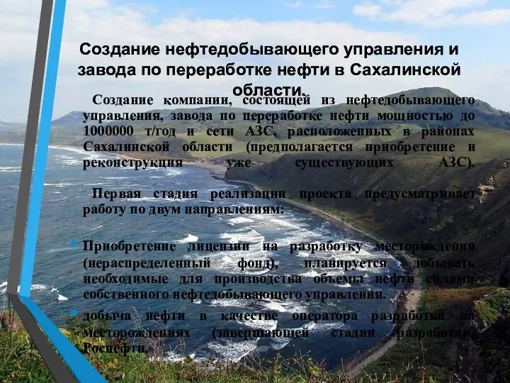 Создание нефтедобывающего управления и завода по переработке нефти в Сахалинской области.