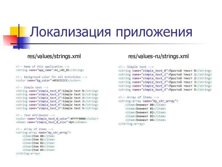 Локализация приложения res/values/strings.xml res/values-ru/strings.xml