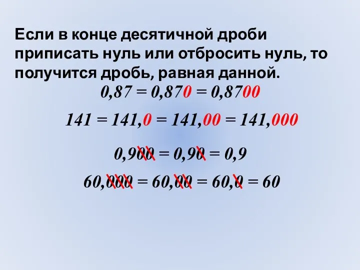 Если в конце десятичной дроби приписать нуль или отбросить нуль, то