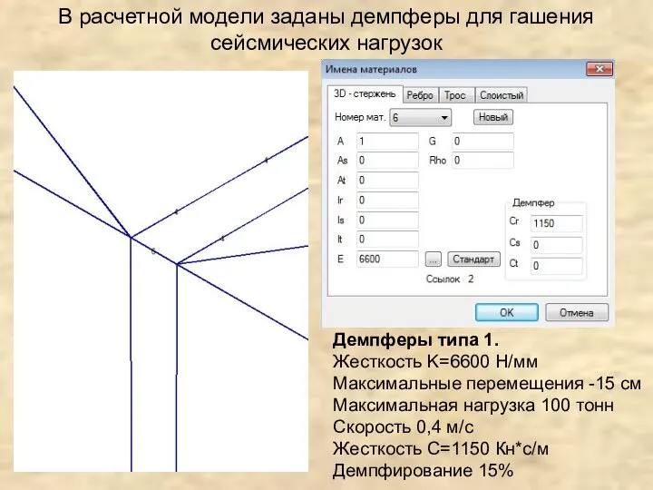 В расчетной модели заданы демпферы для гашения сейсмических нагрузок Демпферы типа