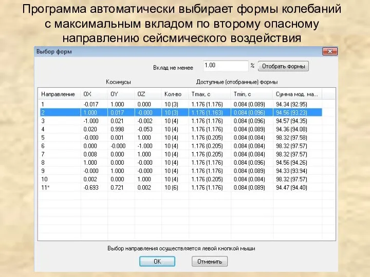 Программа автоматически выбирает формы колебаний с максимальным вкладом по второму опасному направлению сейсмического воздействия