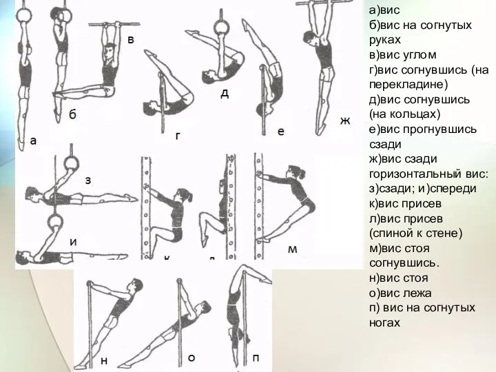 а)вис б)вис на согнутых руках в)вис углом г)вис согнувшись (на перекладине)