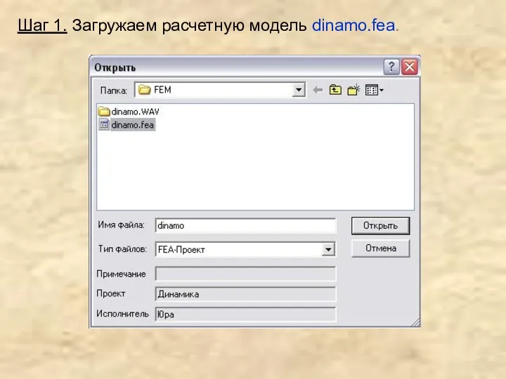 Шаг 1. Загружаем расчетную модель dinamo.fea.