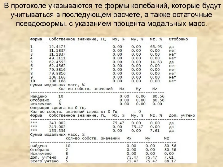 В протоколе указываются те формы колебаний, которые будут учитываться в последующем