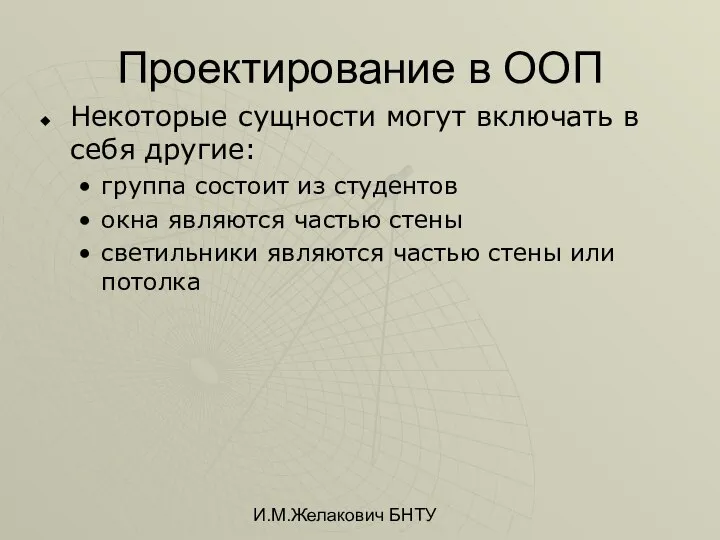 И.М.Желакович БНТУ Проектирование в ООП Некоторые сущности могут включать в себя