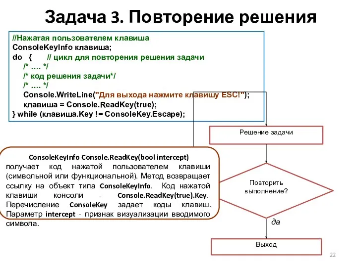 Задача 3. Повторение решения //Нажатая пользователем клавиша ConsoleKeyInfo клавиша; do {