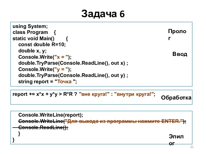 Задача 6 report += x*x + y*y > R*R ? "вне