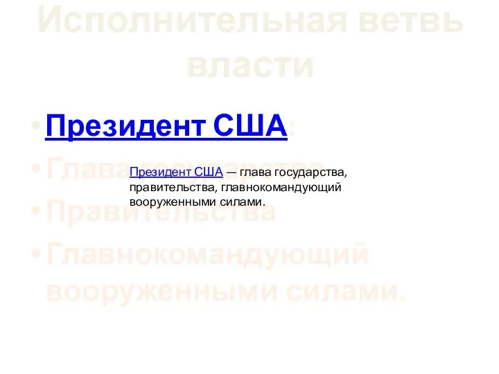 Исполнительная ветвь власти Президент США: Глава государства Правительства Главнокомандующий вооруженными силами.