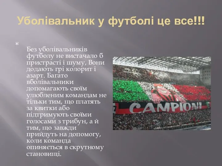 Уболівальник у футболі це все!!! Без уболівальників футболу не вистачало б