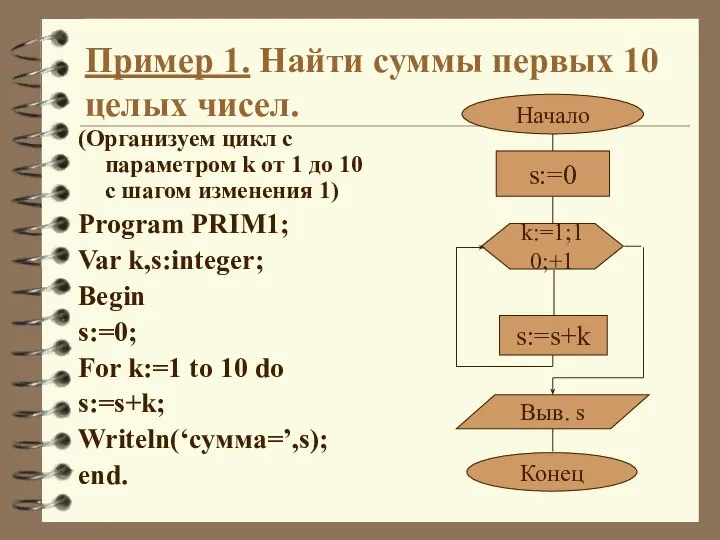 Пример 1. Найти суммы первых 10 целых чисел. (Организуем цикл с