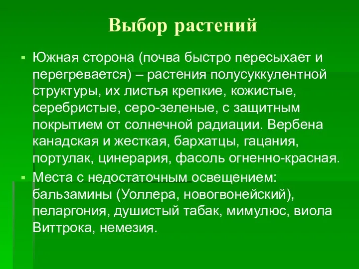 Выбор растений Южная сторона (почва быстро пересыхает и перегревается) – растения